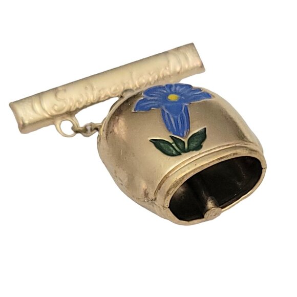 Switzerland Bar Pin With Bell Dangle, Blue Enamel Flower Pin Brooch - Picture 4 of 11